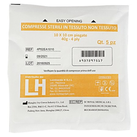 Compresse in tnt sterili 7.5 x 7.5 cm, busta con 5 compresse piegate in 4