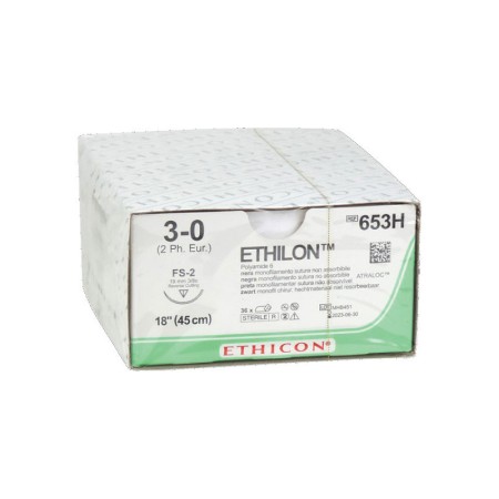 Ethicon ethilon monofilament hechtdraad - 3/0 naald 19 mm fs-2 - verpakking. 36 stuks.