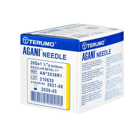 Aiguilles hypodermiques terumo agani 20gx1 1/2" - 0,9x38mm - an*2038r1 jaunes - stériles - paquet de 100 pièces.