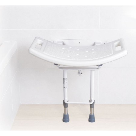 Wall-mounted shower seat with feet resting on the floor