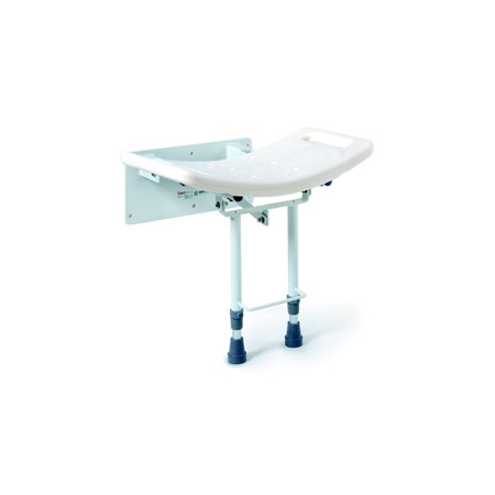 Wall-mounted shower seat with feet resting on the floor