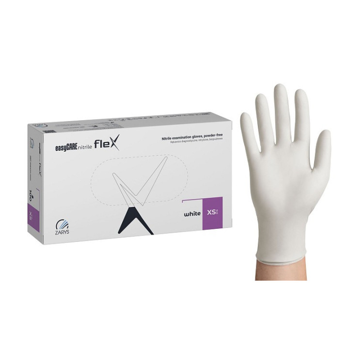 Luvas de nitrilo easyCARE flexíveis brancas sem pó - 100 unidades.