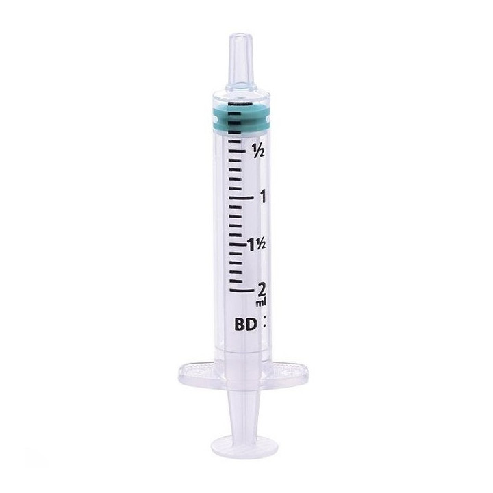 Seringa BD Emerald 2 ml com conector Luer central sem agulha - pacote com 100 unidades.