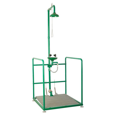 Doccia lava occhi con pedana e valvola antigelo auto aderente con azione indipendente dalla doccia