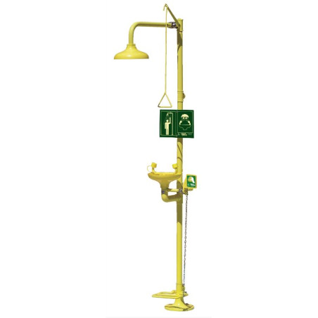 Douche met oogdouche, bediening met hendel en pedaal.