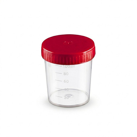 120 ml transparent urinbehållare av polypropen med infällt rött skruvlock - förpackning med 300 st.