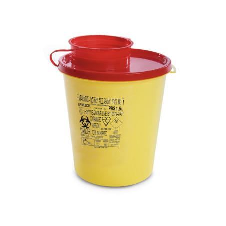 Pbs-container van 1,5 liter voor het weggooien van naalden en scherpe voorwerpen met deksel - verpakking van 100 stuks.