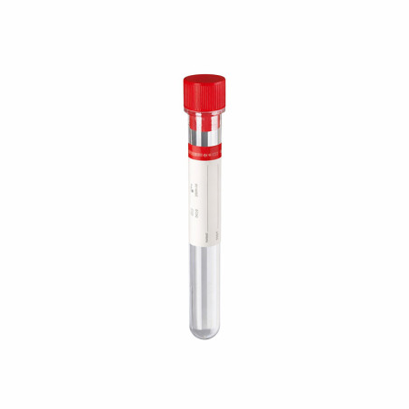 Provetta sterile 10 ml 16x100 mm in polistirolo con tappo rosso ed etichetta - 800 pz.