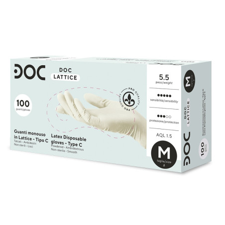 Guante de látex natural, finamente empolvoreado con almidón vegetal DOC - 100 piezas.